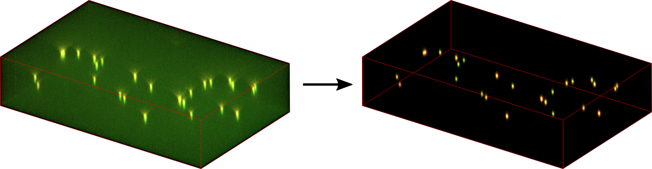 亚分辨率荧光微球去卷积前后对比